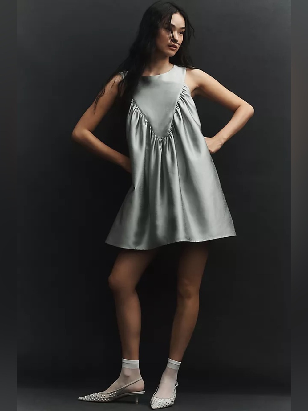 NWT new medium Anthropologie mare Satin Mini Swing Dress green gray silver sage